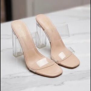 Nude Clear Strap Block Heel Sandals - Women